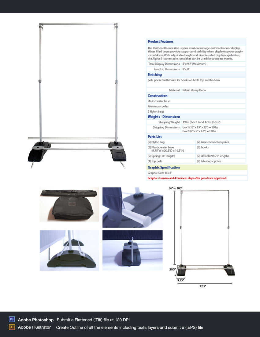 Outdoor Banner Wall 8' x 8' - SINGLE SIDED - Hardware + graphic + Carry Bag